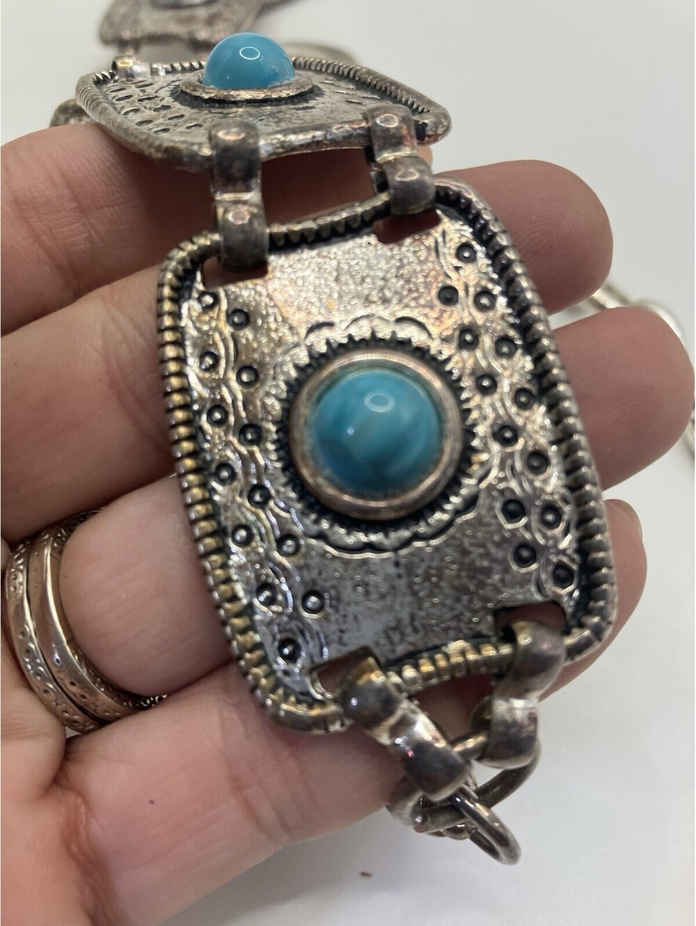 Southwest Style Silver Tone & Turquoise Metal Western Belt Grunge Belt 41”
